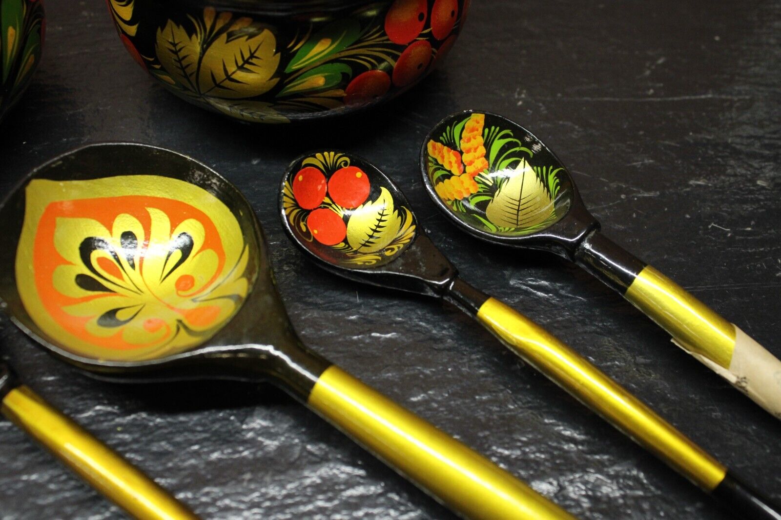Ukraine Hand Painted Wooden Decor Set 3 Plates 5 Wooden Spoons Khokhloma - Image 2