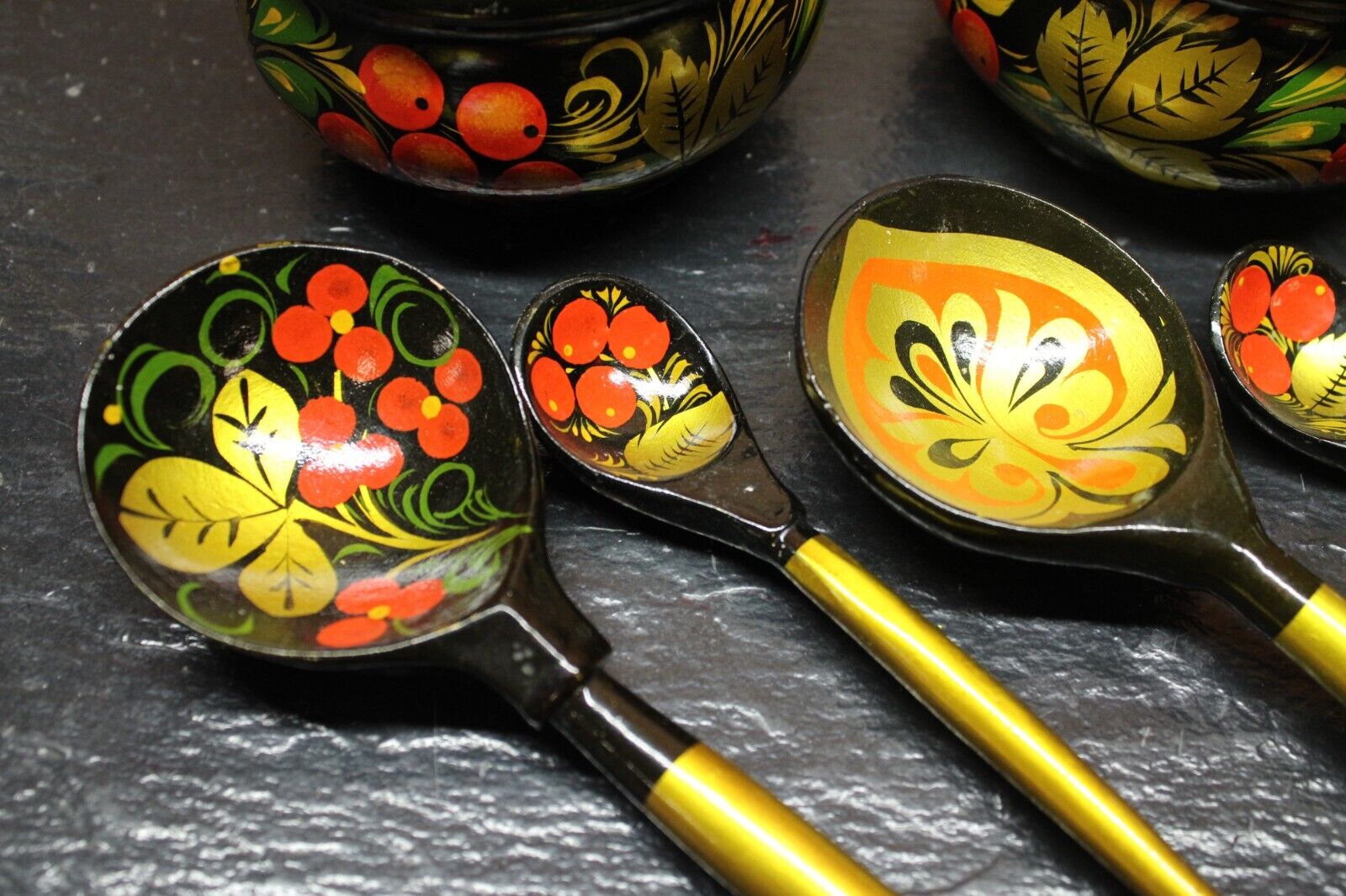 Ukraine Hand Painted Wooden Decor Set 3 Plates 5 Wooden Spoons Khokhloma - Image 3