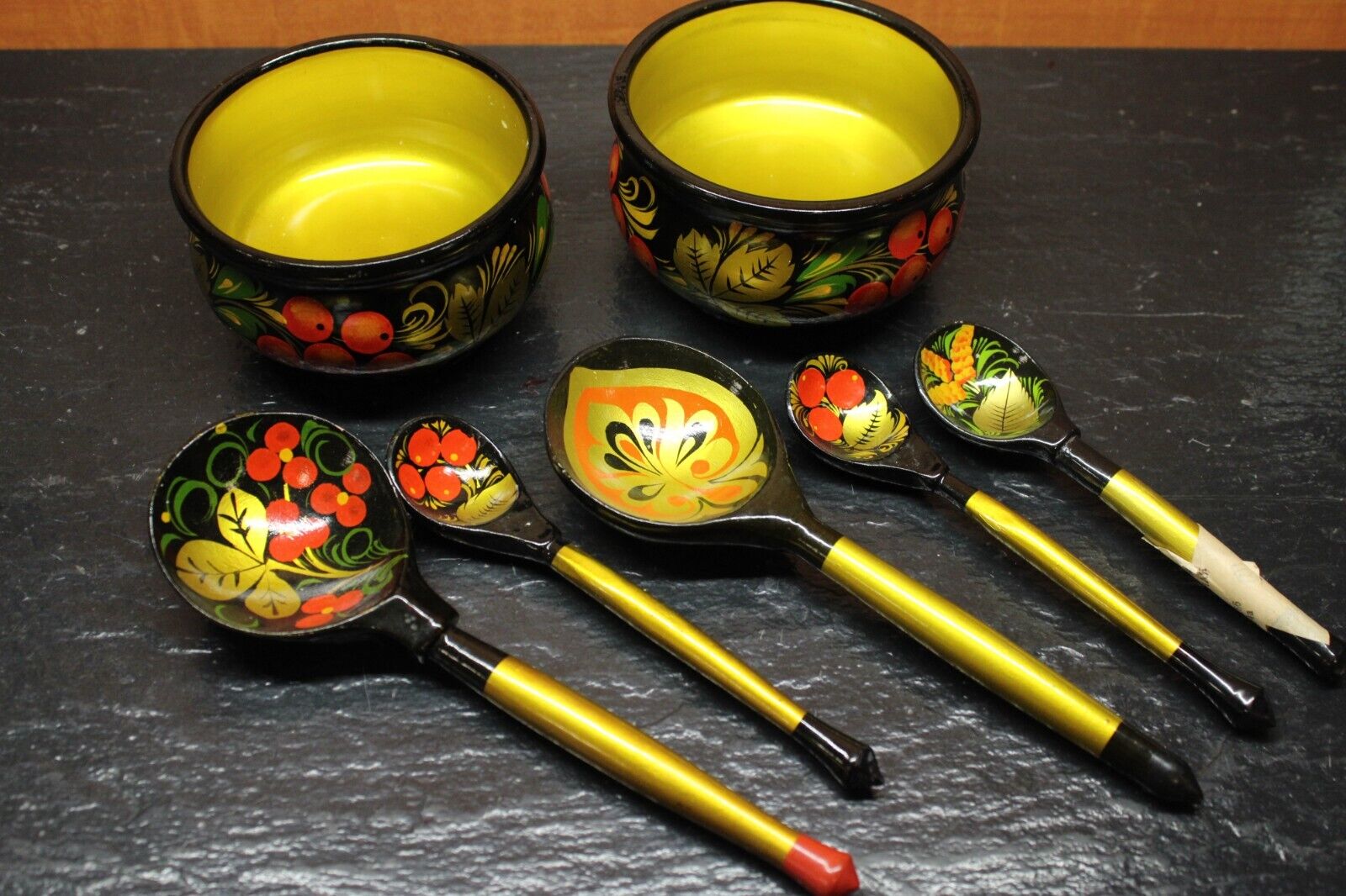 Ukraine Hand Painted Wooden Decor Set 3 Plates 5 Wooden Spoons Khokhloma - Image 4